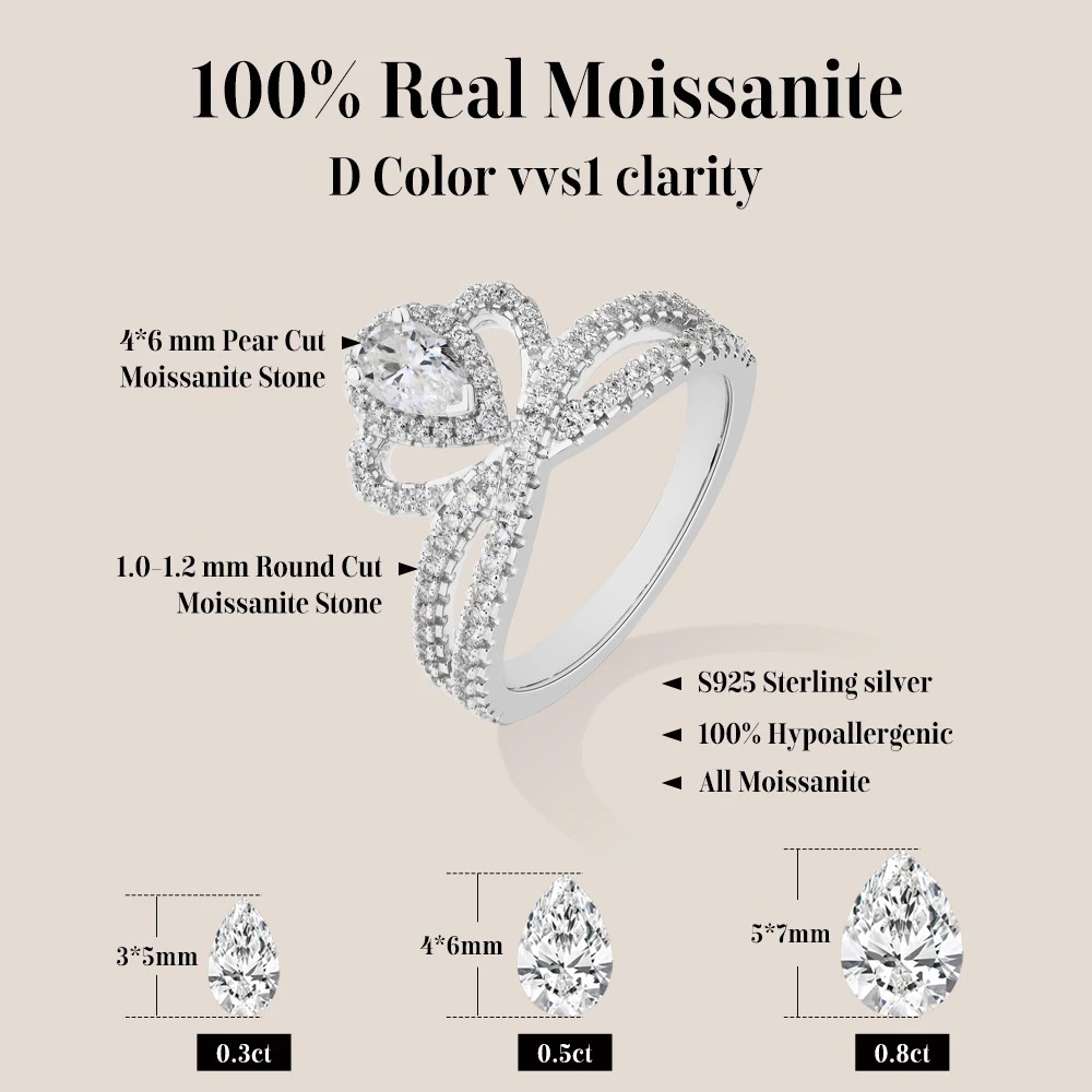 925 sterling silver waterdrop crown moissanite rings