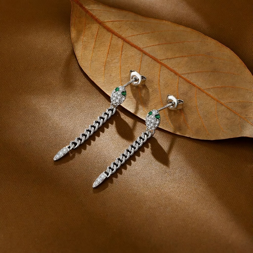 original green eyes snake drop earrings