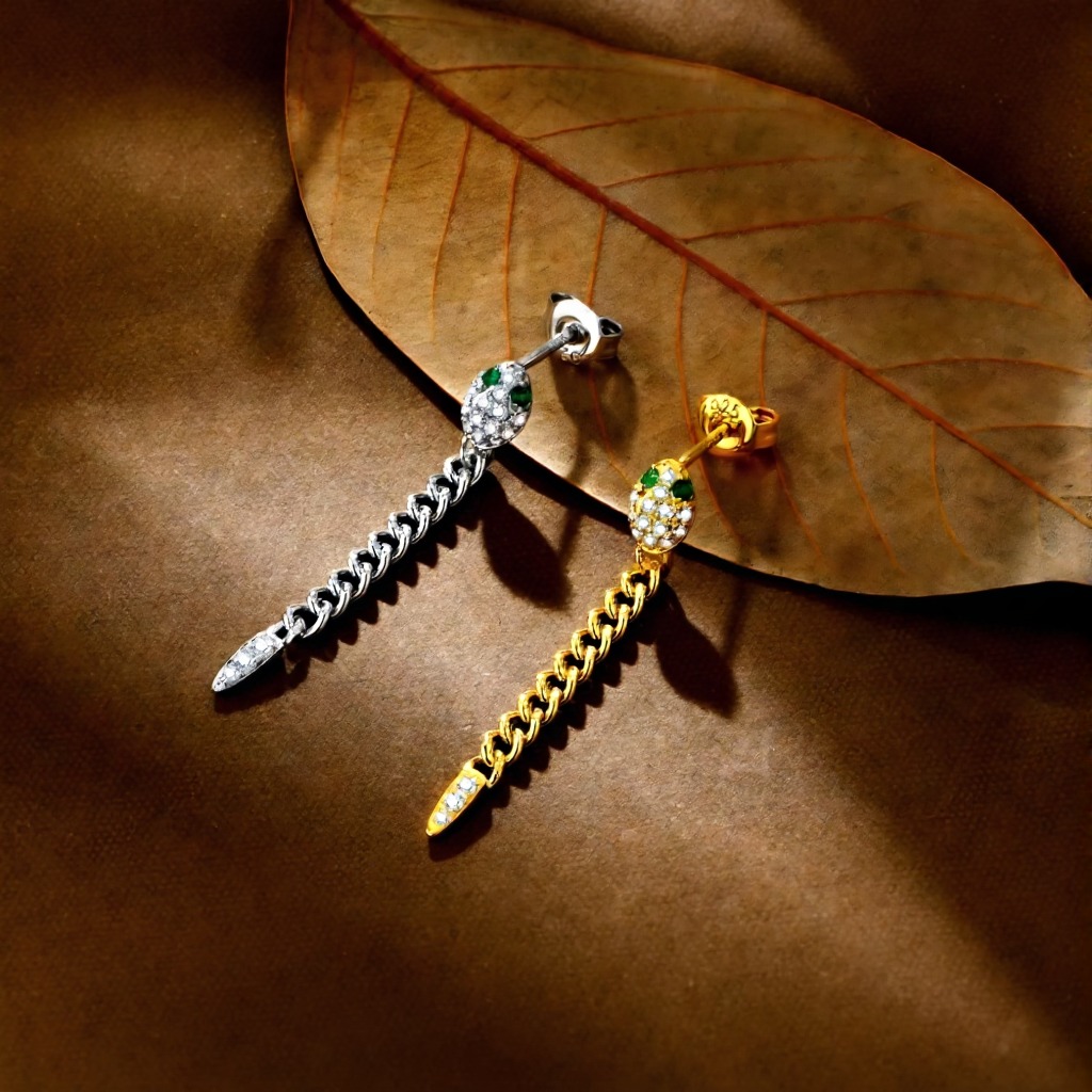 original green eyes snake drop earrings