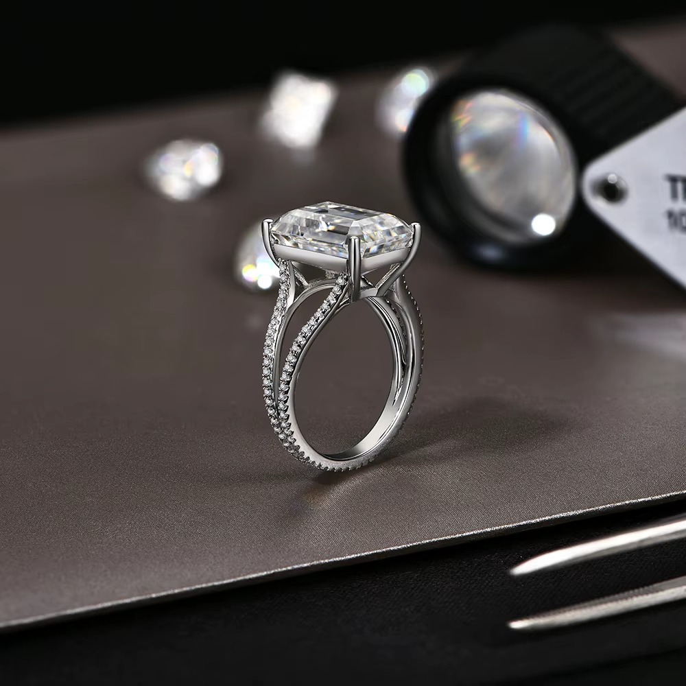 LR03950WMOS-5 10.0ct emerald cut moissanite ring