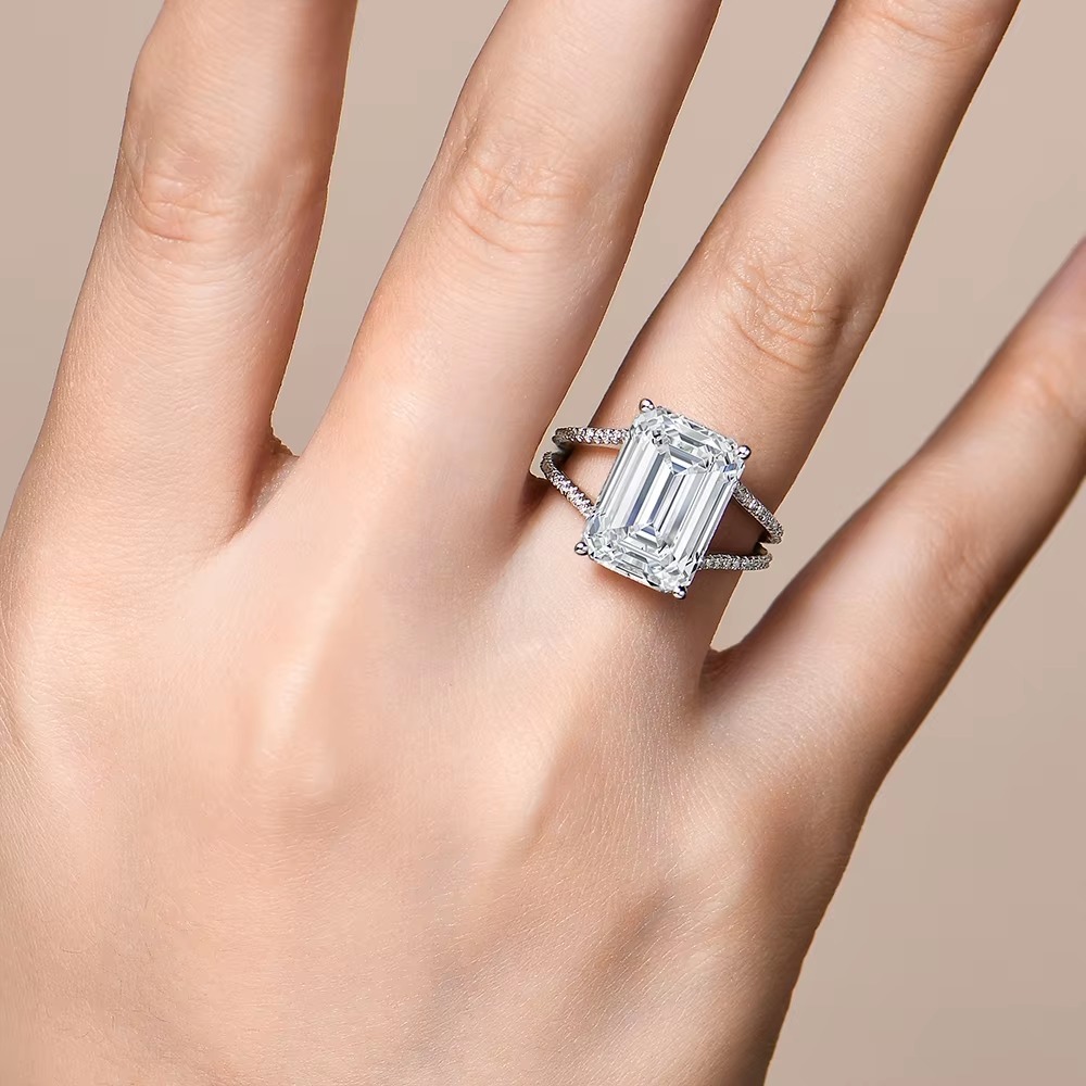 LR03950WMOS-6 10.0ct emerald cut moissanite ring